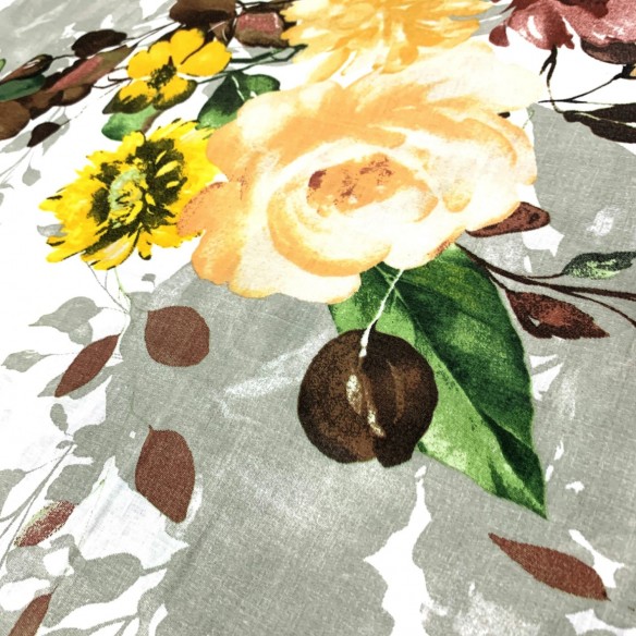 Tkanina Bawełniana 220 cm - Kwiaty bordowe i żółte