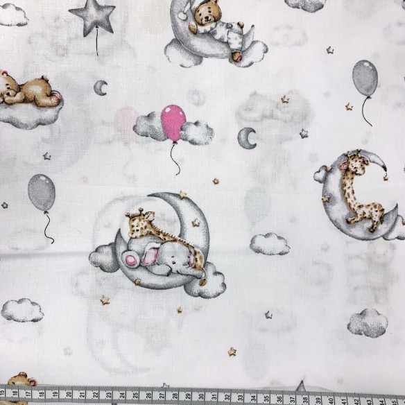 Tkanina bawełniana - Śpiące zwierzątka w chmurach