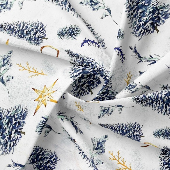 Tkanina bawełniana - Świąteczna choinki i gwiazdki na białym