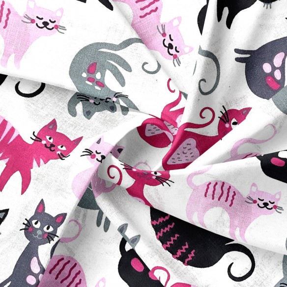 Tkanina bawełniana - Gibkie kotki różowe na białym tle