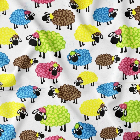 Tkanina bawełniana - Owce zielone różowe i niebieskie