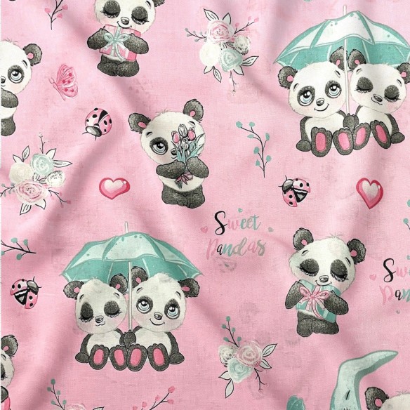 Tkanina bawełniana - Pandy pod parasolem róż