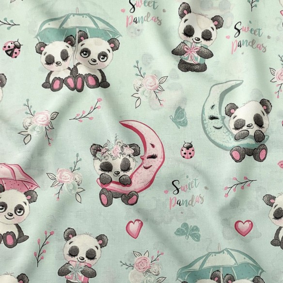 Tkanina bawełniana - Pandy pod parasolem miętowe