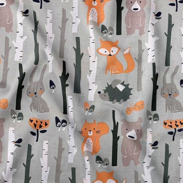Tkanina bawełniana - Leśne zwierzęta szare