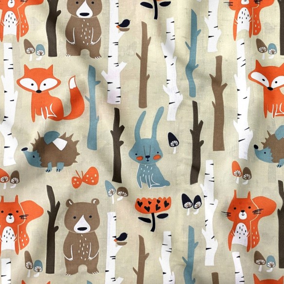 Tkanina bawełniana - Leśne zwierzęta beżowe