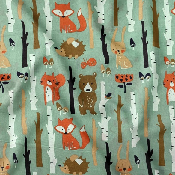 Tkanina bawełniana - Leśne zwierzęta miętowe