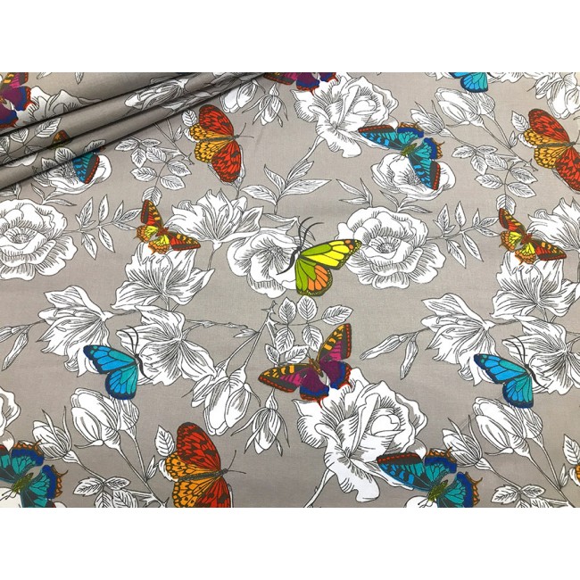 Бавовняна тканина - Метелики в саду на сірому