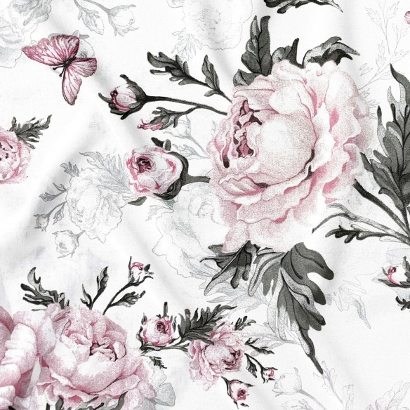 Tkanina Bawełniana - Piwonie i motyle, róż na białym