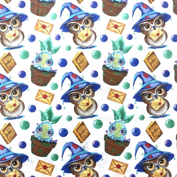 Бавовняна тканина - Сови на гілці, білий