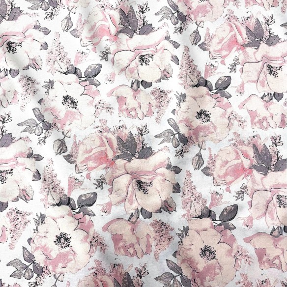 Бавовняна тканина - півонії квіти на білому