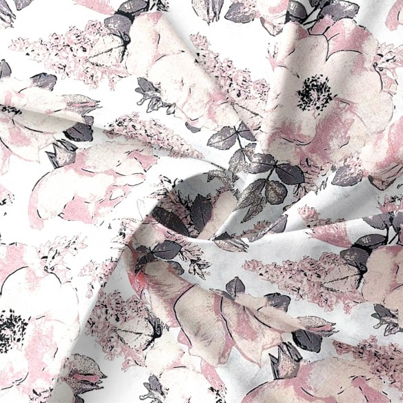 Бавовняна тканина - півонії квіти на білому