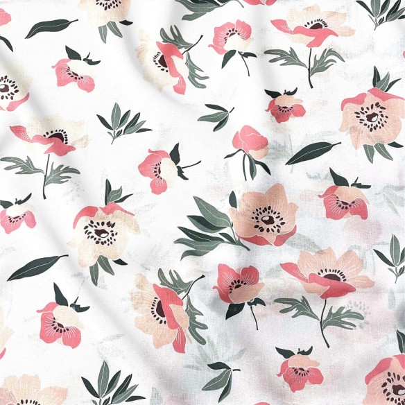 Бавовняна тканина - темно-рожевий мак на білому