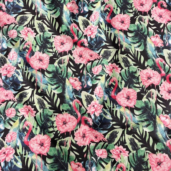 Tkanina bawełniana - Flamingi w liściach i kwiatach róż