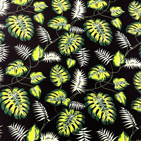 Бавовняна тканина - монстера міні зелена на чорному