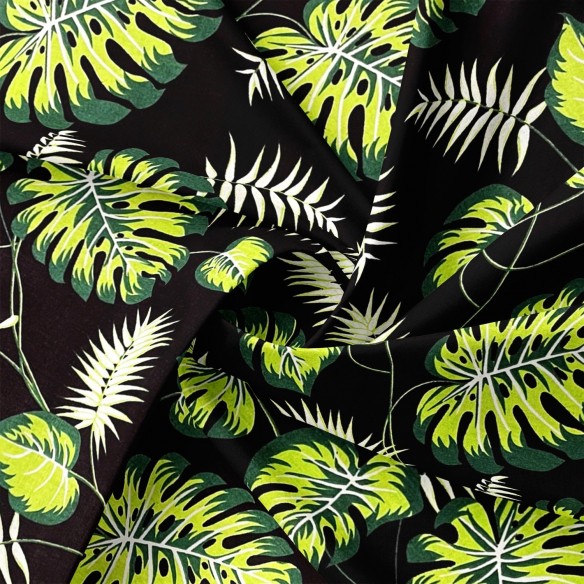 Бавовняна тканина - монстера міні зелена на чорному
