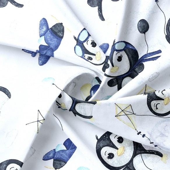 Tkanina bawełniana - Szczęśliwy pingwinek, niebieski