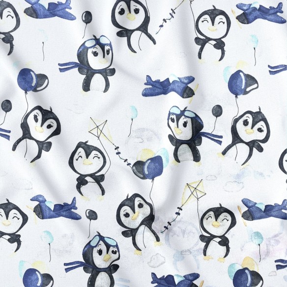 Tkanina bawełniana - Szczęśliwy pingwinek, niebieski
