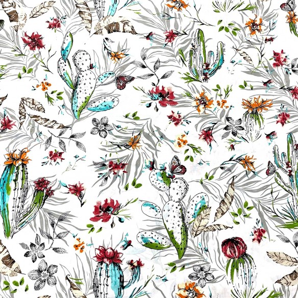 Tkanina bawełniana - Kaktusy i kwiaty na białym