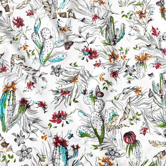 Tkanina bawełniana - Kaktusy i kwiaty na białym