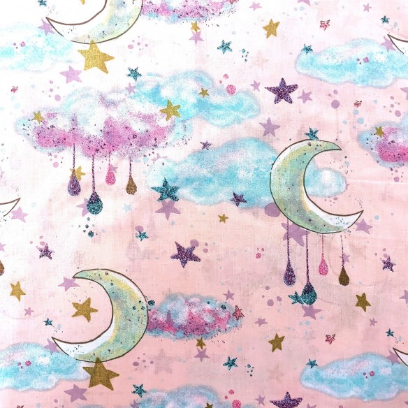 Tkanina bawełniana - Księżyce i chmurki różowe