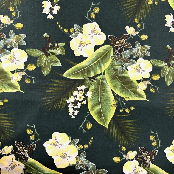 Tkanina bawełniana - Kwiaty i palmy zielone