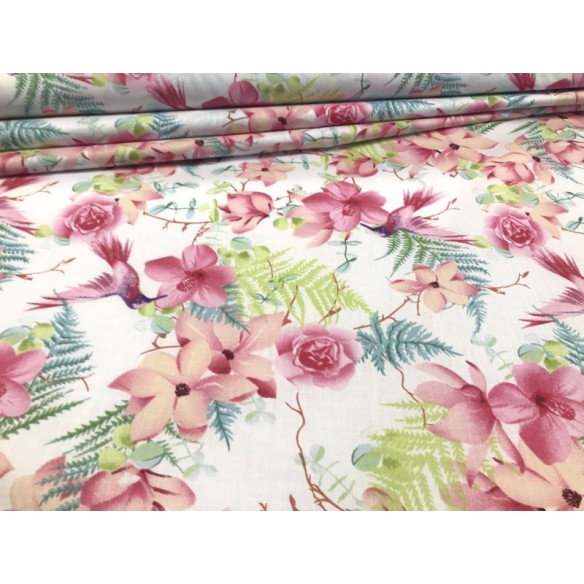 Tkanina bawełniana - Kwiaty i koliber różowy