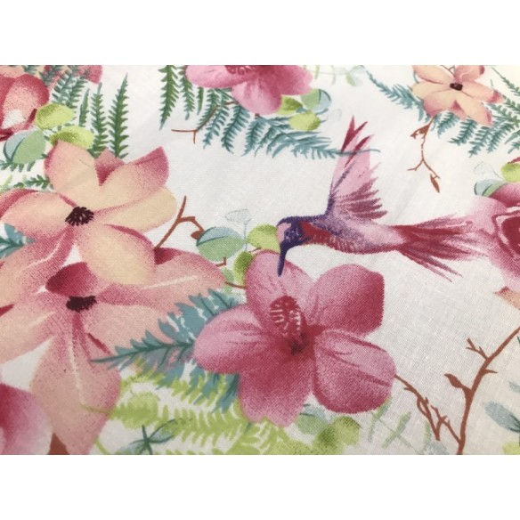 Tkanina bawełniana - Kwiaty i koliber różowy