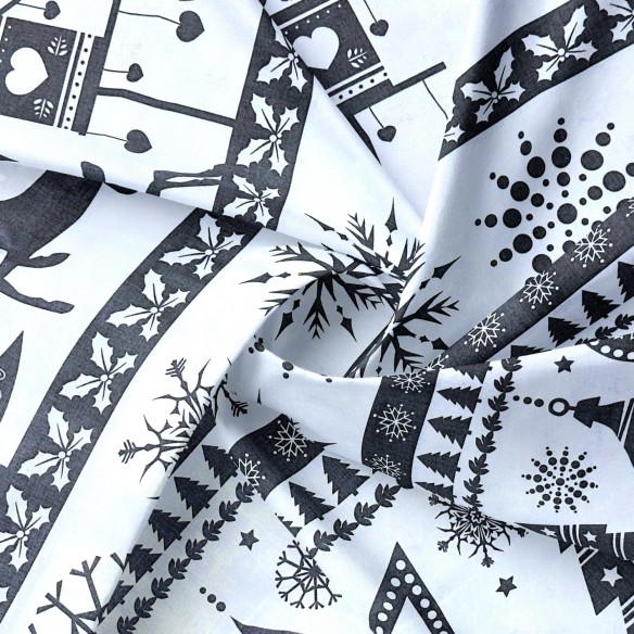 Tkanina bawełniana - Świąteczna szare choinki i renifery na białym