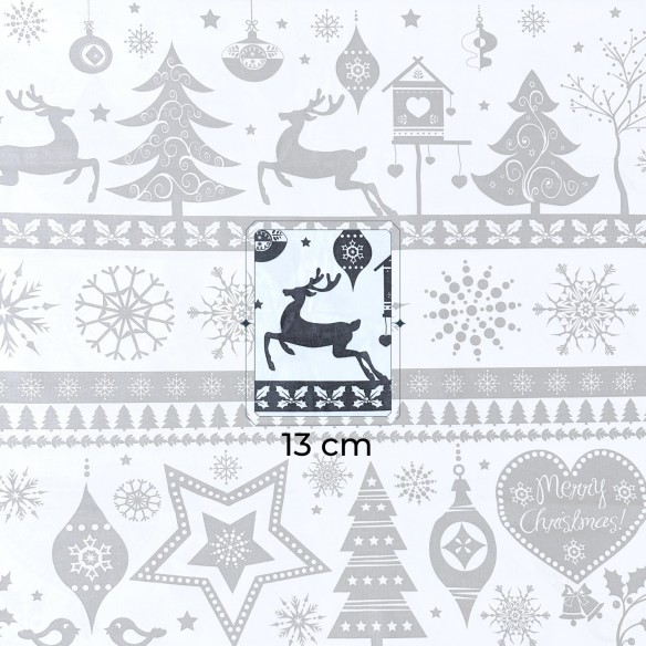 Tkanina bawełniana - Świąteczna szare choinki i renifery na białym