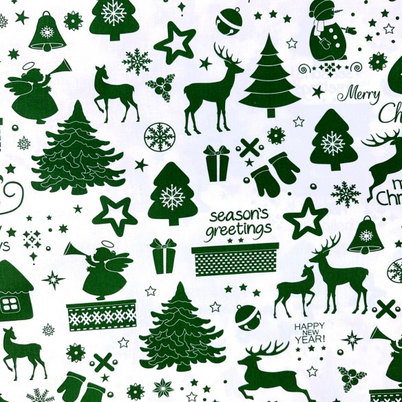 Tkanina bawełniana - Świąteczne życzenia zielone na białym