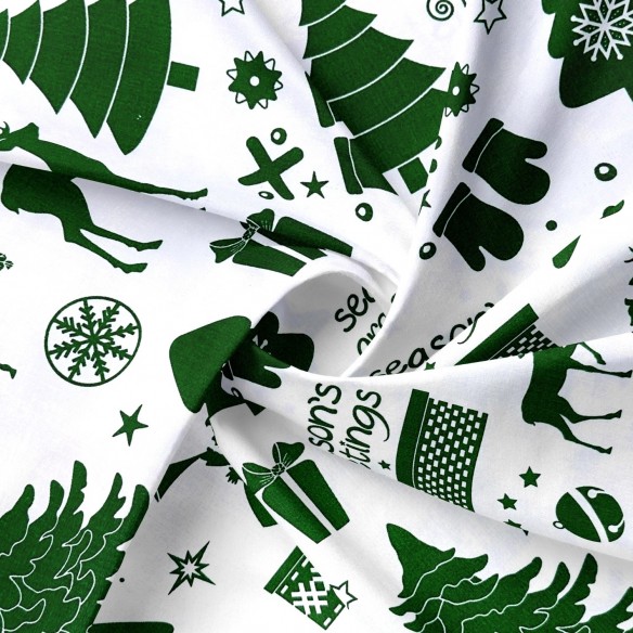 Tkanina bawełniana - Świąteczne życzenia zielone na białym