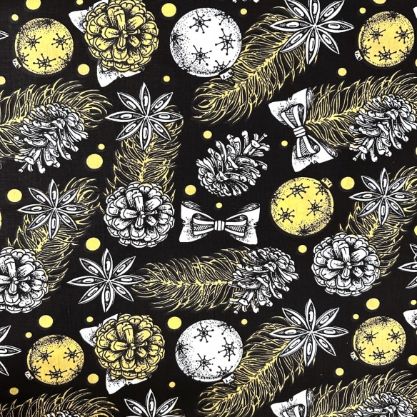 Бавовняна тканина - ялинкові кулі та дзвіночки на чорному