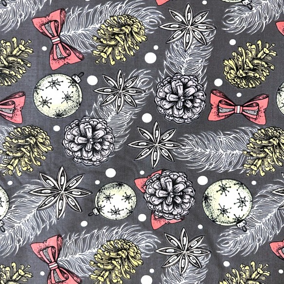 Tkanina bawełniana - Świąteczna kolorowe bombki kokarda i szyszki na szarym
