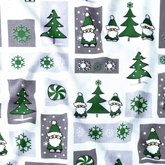 Tkanina bawełniana - Patchwork świąteczny mikołaje i choinki zieleń
