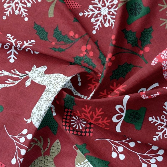 Tkanina bawełniana - Świąteczny MIX na czerwonym tle