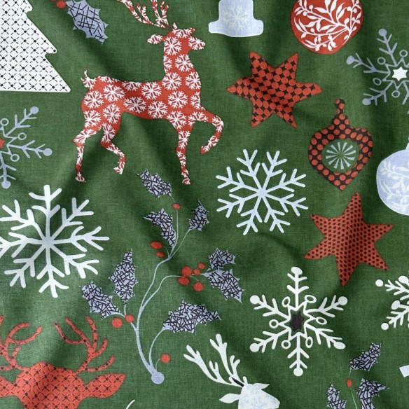 Tkanina bawełniana - Świąteczny MIX na zielonym tle