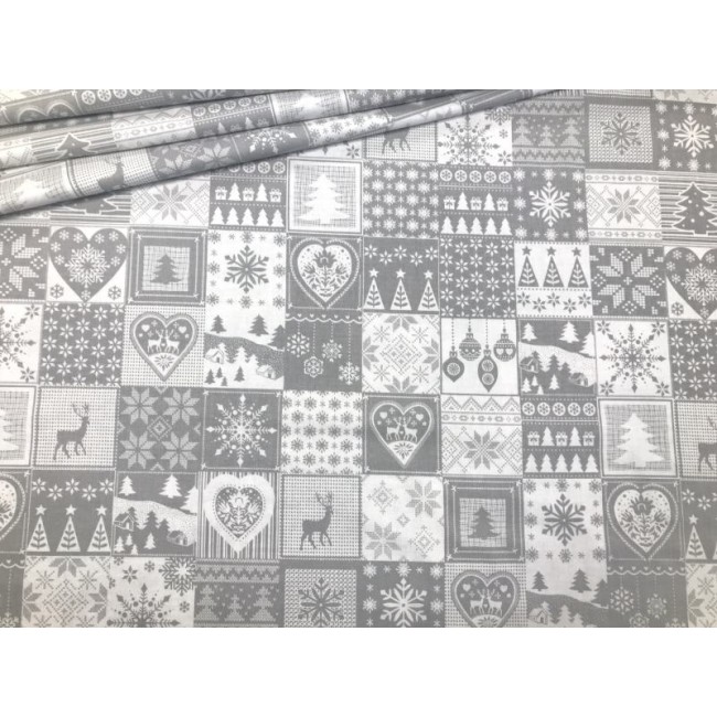 Tkanina bawełniana - Świąteczna kafelki patchwork szare