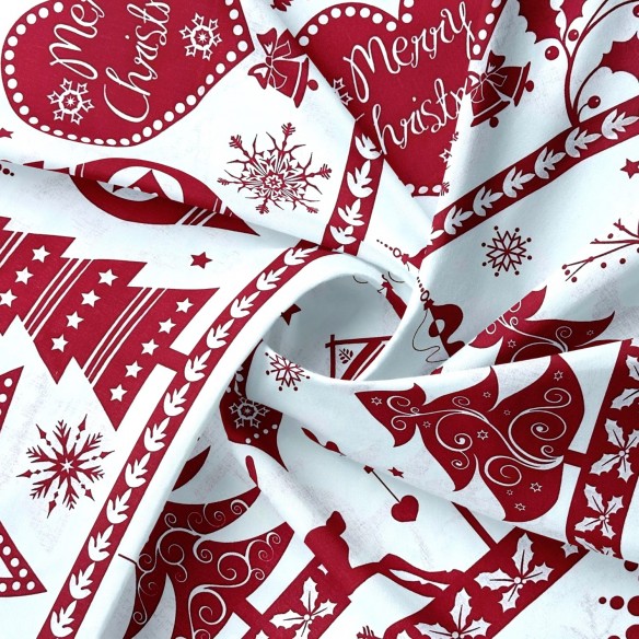Tkanina bawełniana - Świąteczna czerwone choinki i renifery na białym