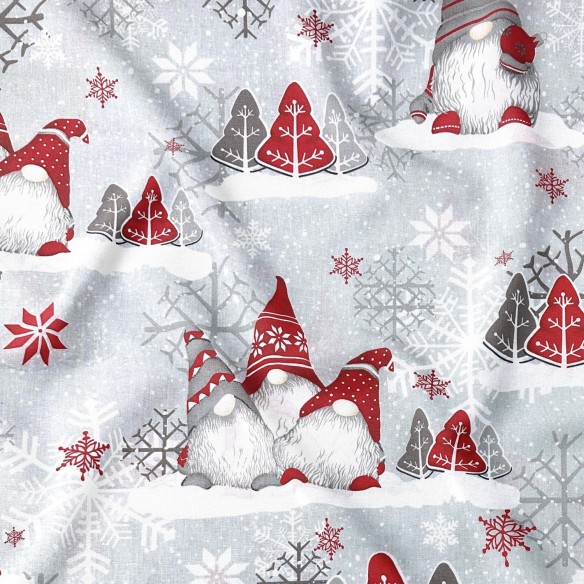 Tkanina bawełniana - Świąteczna czerwone skrzaty i śnieżynki na szarym