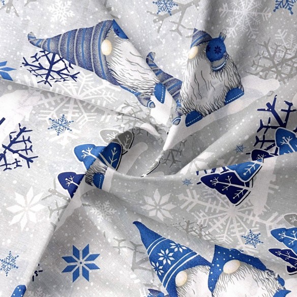 Tkanina bawełniana - Świąteczna niebieskie skrzaty na szarym
