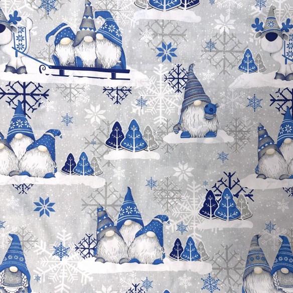 Tkanina bawełniana - Świąteczna niebieskie skrzaty na szarym