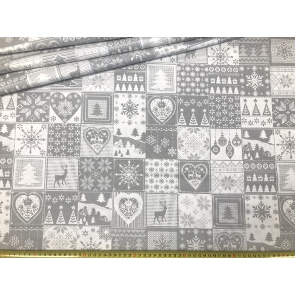Tkanina bawełniana - Świąteczna kafelki patchwork szare