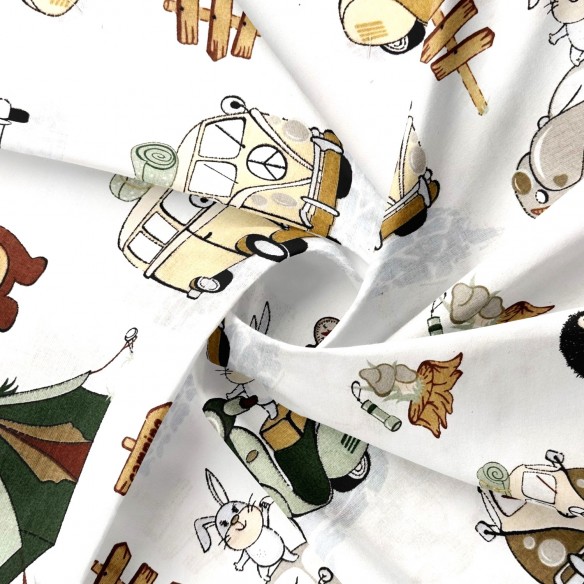 Бавовняна тканина - Домашні тварини в кемпінгу, Зелений