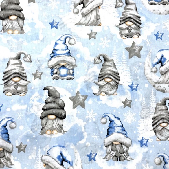 Tkanina bawełniana - Świąteczna Gnomy błękitne na niebieskim