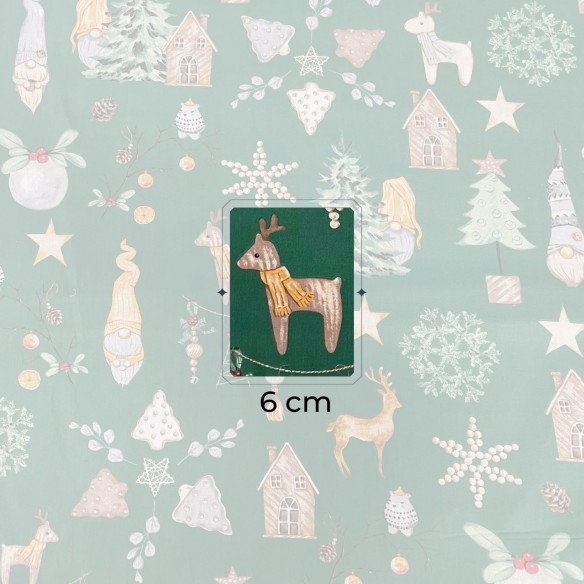 Бавовняна тканина - новорічні сніжинки та олені, зеленого кольору