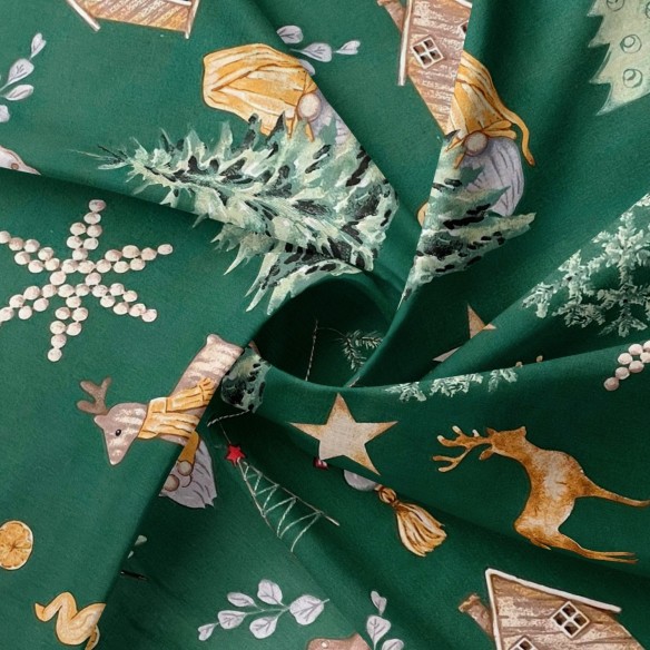 Бавовняна тканина - новорічні сніжинки та олені, зеленого кольору