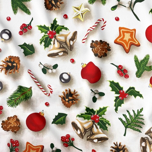 Бавовняна тканина - новорічні сніжинки та олені, зеленого кольору