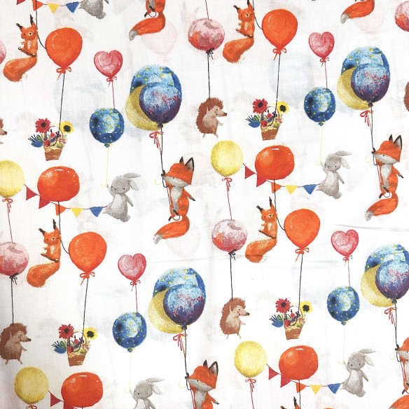 Tkanina bawełniana - Lisy jeże kwiaty i balony