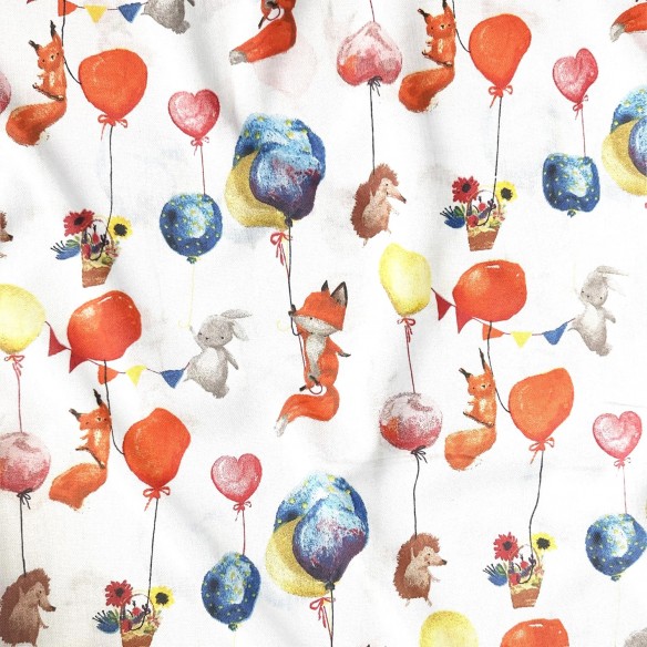 Tkanina bawełniana - Lisy jeże kwiaty i balony