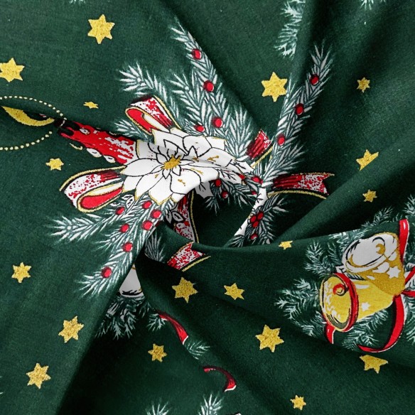 Бавовняна тканина - дзвіночки і зірочки на зеленому